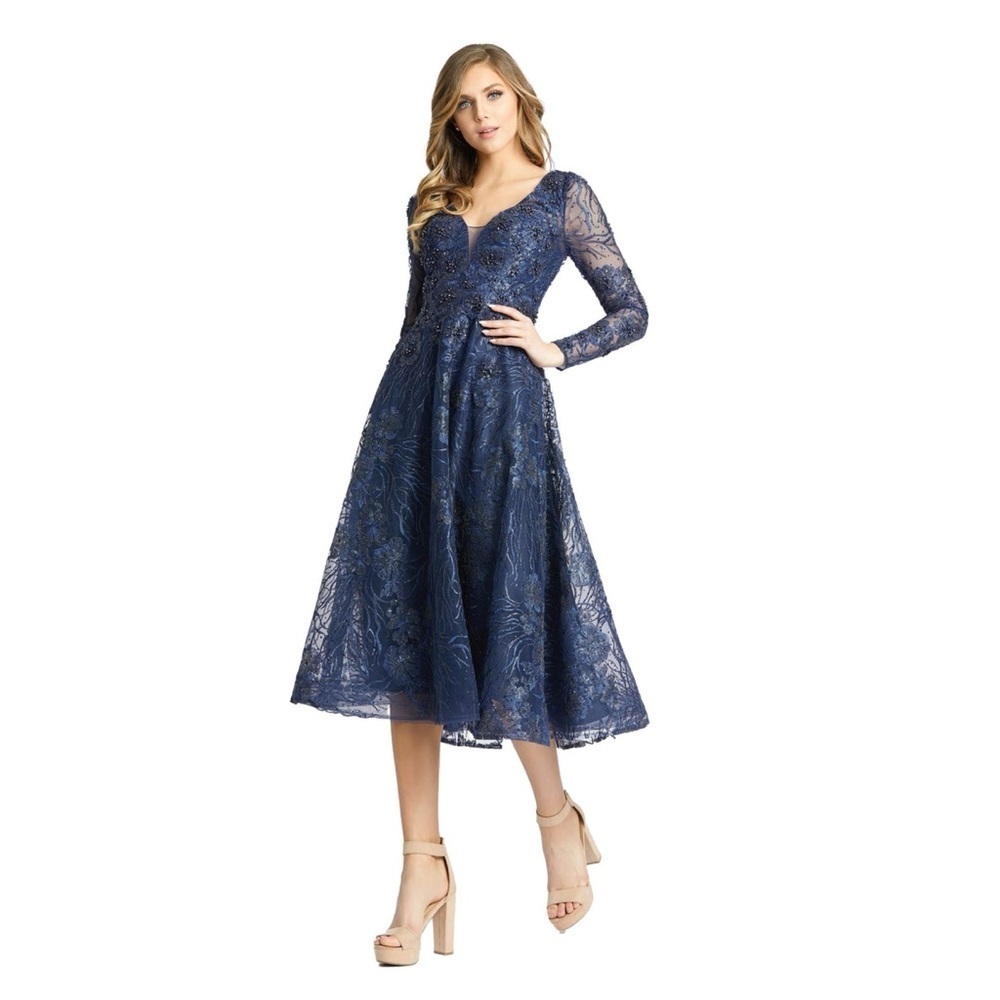 Mac Duggal Blue A-Line V-Neck Midi Dress